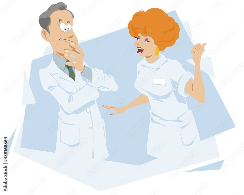 Nurse talking to doctor. Pensive scientist. Illustration for internet and mobile website.