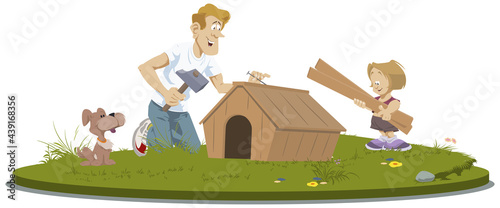 Father and son building puppy kennel. People and animal. Illustration for internet and mobile website.