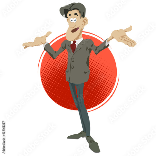Funny businessman shrugs, shows helpless gesture and spread his hands. Surprised man. Illustration for internet and mobile website.