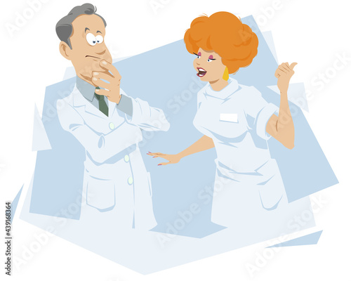 Nurse talking to doctor. Pensive scientist. Illustration for internet and mobile website.