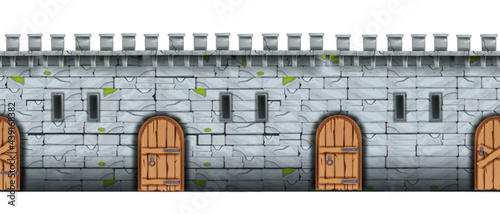 Brick castle wall, vector seamless stone texture, medieval palace fortification, wooden door, loopholes. Old architecture background, fortress game illustration. Castle wall exterior design, city gate