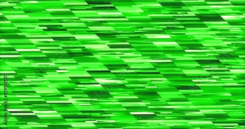 Animated digital rotating multicoloured racing rectangles background shades of green.