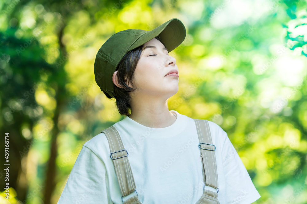 森の木々を見上げる女性 森の木々を見上げる女性