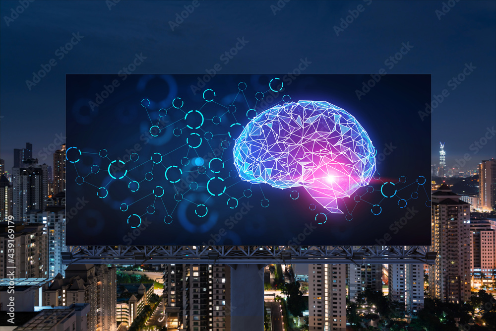 Brain hologram on billboard with Kuala Lumpur cityscape background at night time. Street advertising poster. Front view. KL is the largest science hub in Malaysia, Asia. Coding and high-tech science. Brain hologram on billboard with Kuala Lumpur cityscape background at night time. Street advertising poster. Front view. KL is the largest science hub in Malaysia, Asia. Coding and high-tech science.