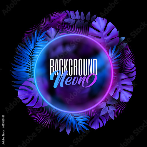 Purple neon round tropical banner template for summer beach party. flyer with exotic palm leaves and plants. Vector background.