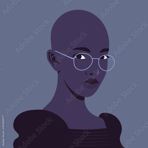 Portrait of a smart African woman in half-turn with eyeglasses. Avatar for social networks. Vector illustration in flat style.
