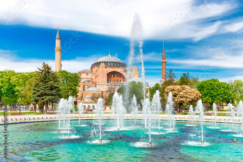 Hagia Sophia mosque, church, cathedral with fountains in Istanbul, Turkey