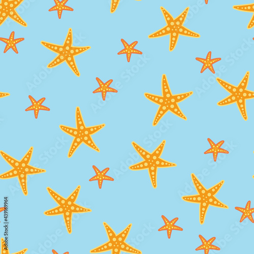 Seamless pattern of scattered starfish yellow stars on a light blue textured background. Vector illustration for textiles, kids, swimwear, beach house decor, gift wrapping paper and beach wedding invi