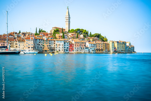 The city of Rovinj in Croatia region of Istria. a beautiful old town right by the sea, with a harbor and many small narrow streets. Old houses.