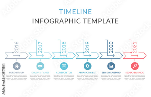 Horizontal timeline template with six arrows