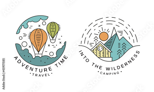 Adventure Time Original Logo Design Set  Into the Wilderness Camping Badges or Labels Cartoon Vector Illustration