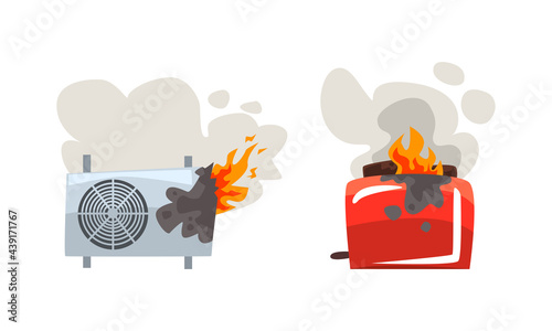 Damaged Home Appliances Set, Broken Burning Air Conditioner and Toaster Cartoon Vector Illustration