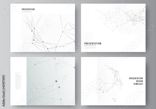 Vector layout of presentation slides design business templates, template for presentation brochure, brochure cover, report. Gray technology background with connecting lines and dots. Network concept.
