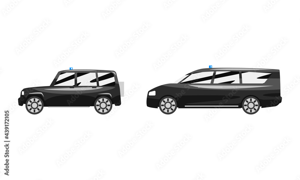 Set of Black Cars Luxury Road Vehicles Flat Vector Illustration