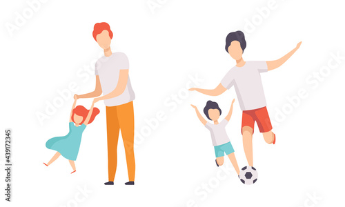 Parents and their Kids Having Good Time Together Set, Dad Swinging Daughter Holding her Hands and Playing Soccer with Son Flat Vector Illustration