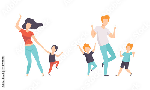 Parents and their Kids Having Fun Together Set, Mom, Dad and Children Dancing Flat Vector Illustration