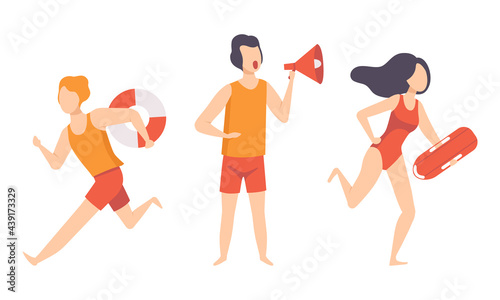 Beach Lifeguards Ensuring Safety Set, Professional Rescuers Characters in Action Cartoon Vector Illustration