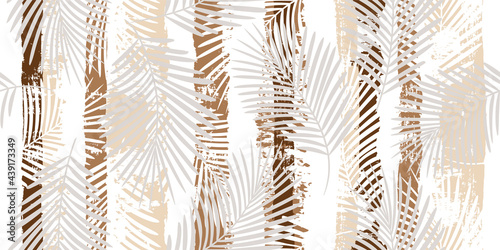 Tropical pattern, palm leaves seamless vector floral background. Exotic plant on brown stripes print. Summer nature jungle print. Leaves of palm tree on paint lines. ink brush strokes