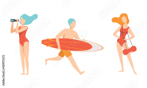 Beach Lifeguards Ensuring Safety Set, Professional Rescuers Characters in Swimwear Cartoon Vector Illustration