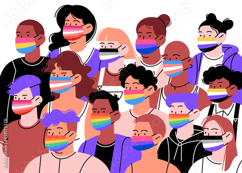 Different people of different identities ethnicities and sexyality. Face masks with pride flags. Horizontal organic flat illustration. Covid Pride month photo