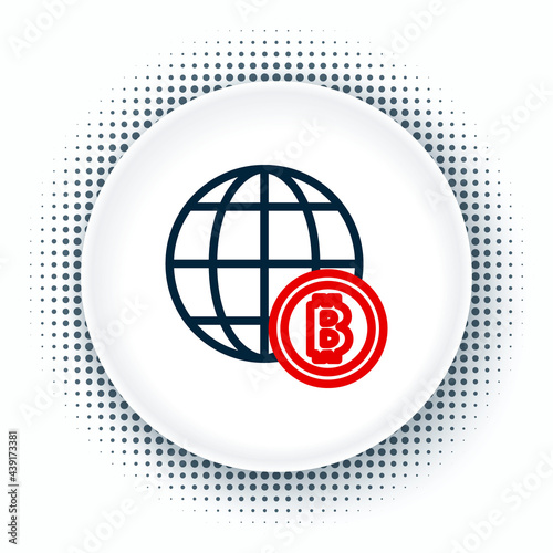 Line Globe and cryptocurrency coin Bitcoin icon isolated on white background. Physical bit coin. Blockchain based secure crypto currency. Colorful outline concept. Vector