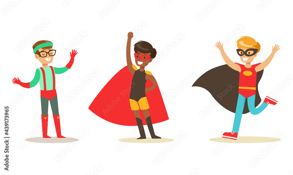 Set of Happy Boys and Girls in Superhero Costumes, Super Kids Having Fun at  Masquerade Party Cartoon Vector Illustration Stock Vector | Adobe Stock