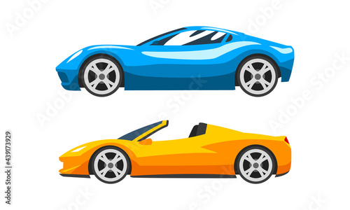 Fototapeta Naklejka Na Ścianę i Meble -  Set of Sport Cars, Side View of Racing Cars Flat Vector Illustration