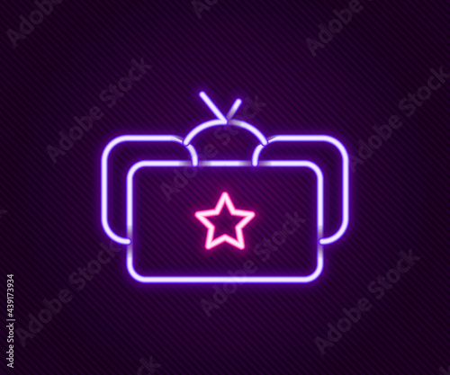 Glowing neon line Ushanka icon isolated on black background. Russian fur winter hat ushanka with star. Soviet Union uniform of KGB and NKVD. Colorful outline concept. Vector