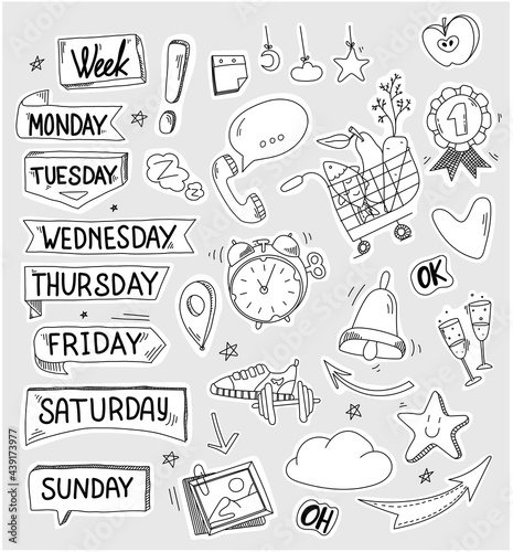Stickers for week planner, Monday, Tuesday, Friday, Sunday. doodle and flat design. timetable collection. Set of elements for calendar. To do list elements. 