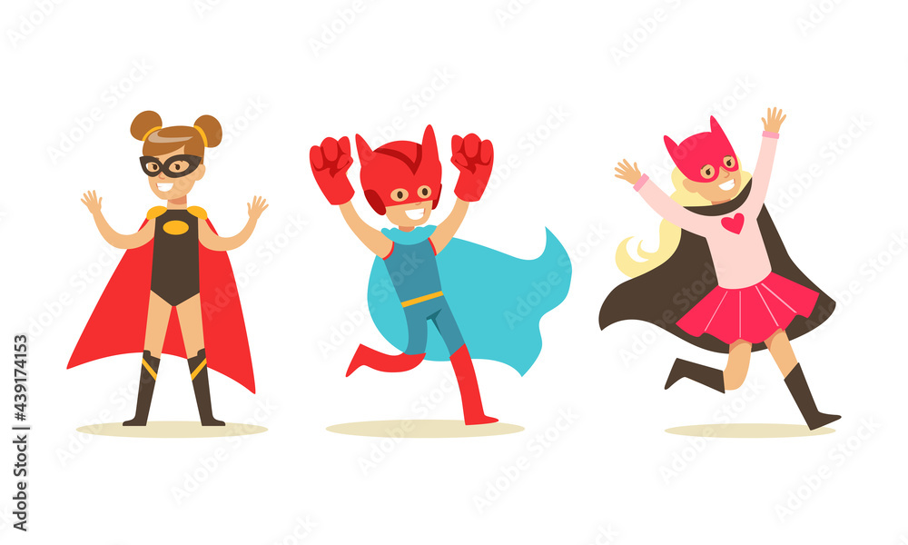 Set of Boys and Girls Dressed Superhero Costumes, Super Kids Characters Wearing Capes and Mask Cartoon Vector Illustration Set of Boys and Girls Dressed Superhero Costumes, Super Kids Characters Wearing Capes and Mask Cartoon Vector Illustration
