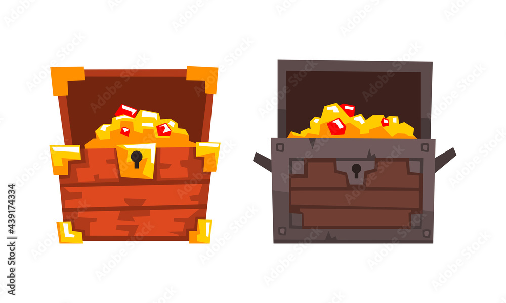 Treasure Chests Set, Opened Old Chest with Gold and Precious Stones Cartoon Vector Illustration Treasure Chests Set, Opened Old Chest with Gold and Precious Stones Cartoon Vector Illustration