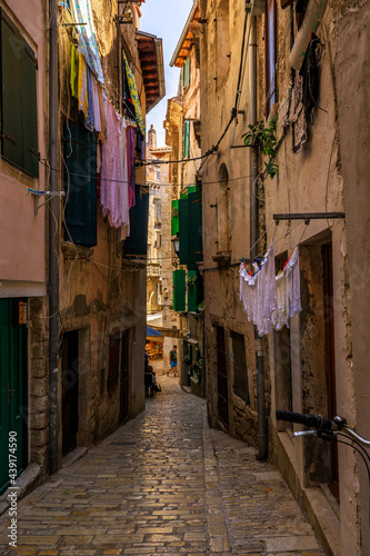 The city of Rovinj in Croatia region of Istria. a beautiful old town right by the sea, with a harbor and many small narrow streets. Old houses.