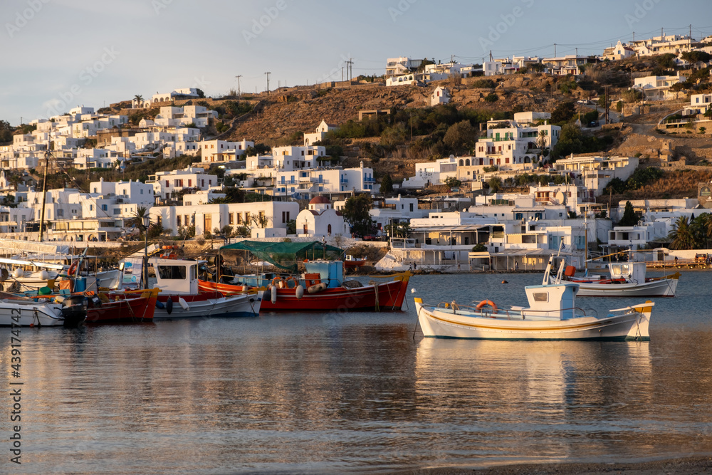Greek fishing boats in Mykonos island port. Cyclades, Greece