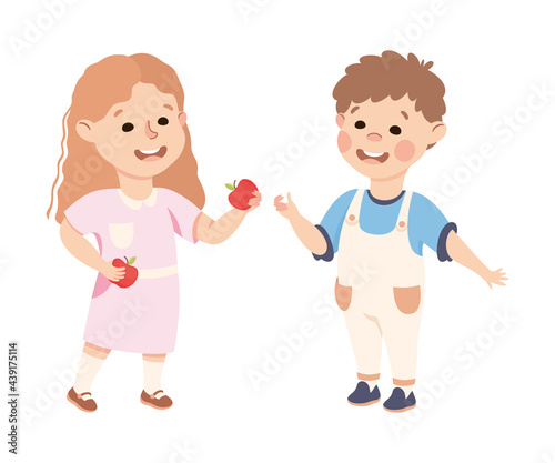 Kind and Fair Little Girl Sharing Apple with Her Agemate Vector Illustration