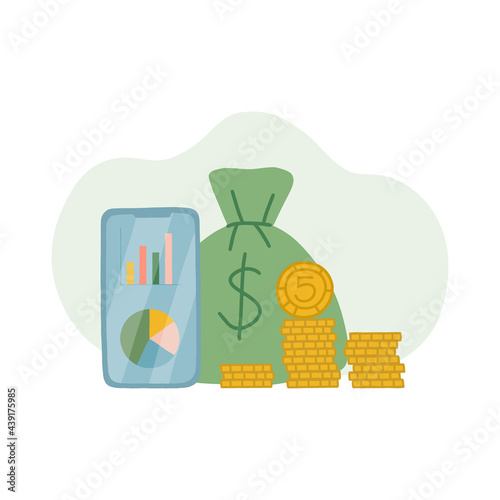 The concept of saving and investing money. Gold coins in piles, a bank bag with money, a smartphone with capital growth charts and budget expenditure items. Vector isolated illustration.
