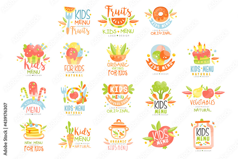 Kids Menu Logo Design Templates Set, Organic Natural Food Labels Hand Drawn Vector Illustration