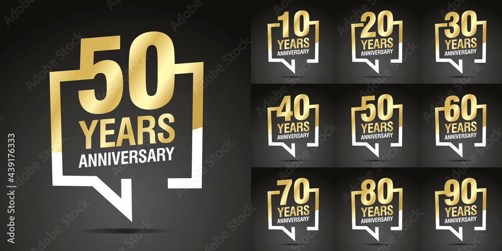 Set of Anniversary decades vector creative design emblems with speech brackets numbers golden color for celebration event, invitation, greeting, web template, leaflet and booklet Set of Anniversary decades vector creative design emblems with speech brackets numbers golden color for celebration event, invitation, greeting, web template, leaflet and booklet