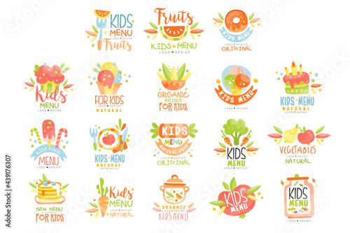 Kids Menu Logo Design Templates Set, Organic Natural Food Labels Hand Drawn Vector Illustration