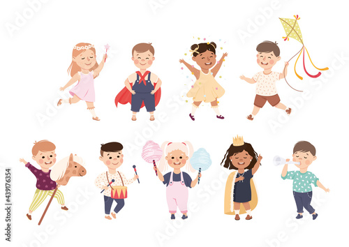 Set of Cute Boys and Girls Playing and Doing Hobbies, Adorable Kid Leisure Activities Concept Cartoon Vector Illustration