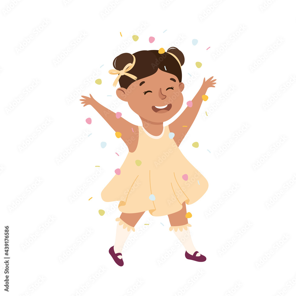 Cute Girl Playing Confetti, Adorable Kid Leisure Activity Concept Cartoon Vector Illustration Cute Girl Playing Confetti, Adorable Kid Leisure Activity Concept Cartoon Vector Illustration