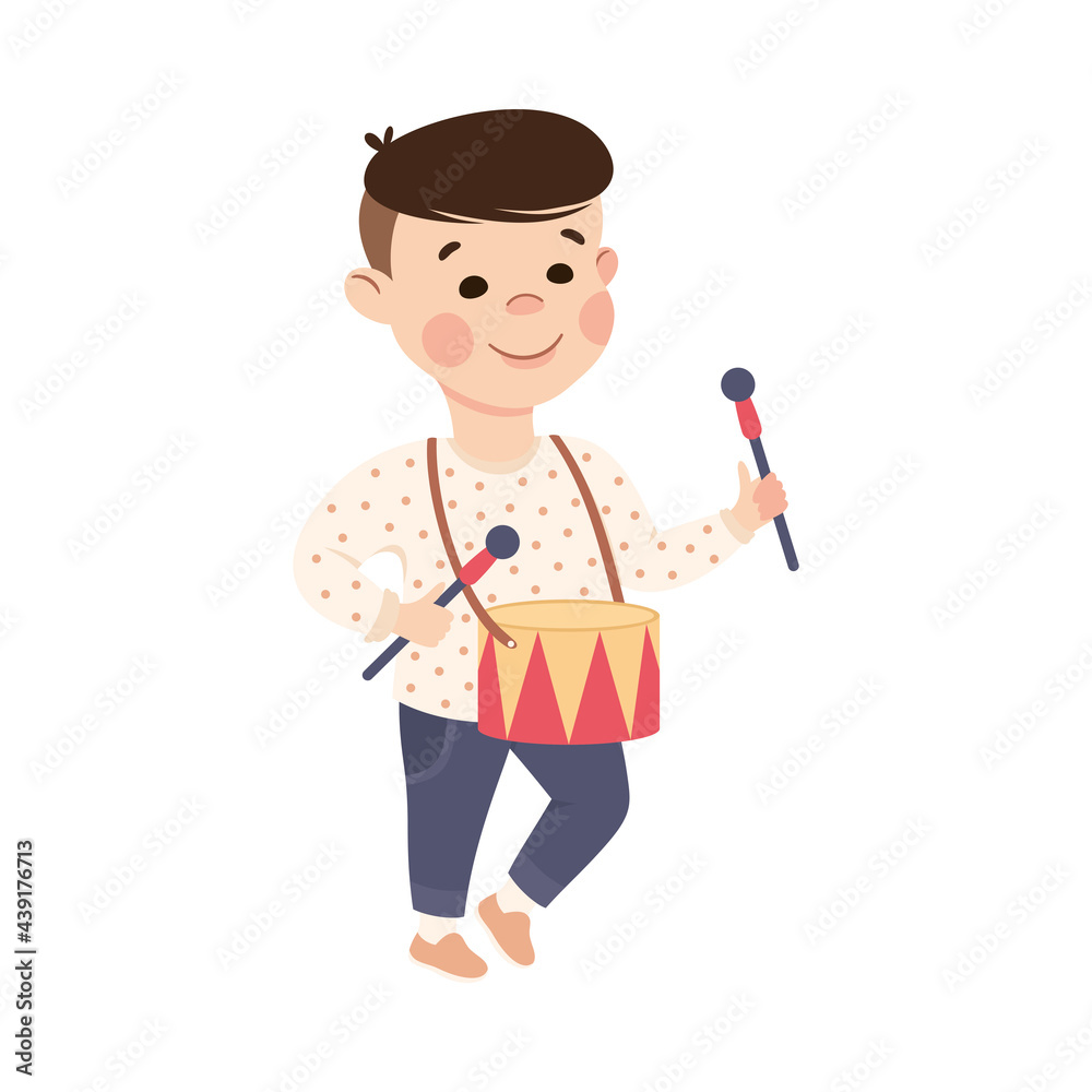 Cute Boy Playing Drum, Adorable Kid Leisure Activity Concept Cartoon Vector Illustration Cute Boy Playing Drum, Adorable Kid Leisure Activity Concept Cartoon Vector Illustration