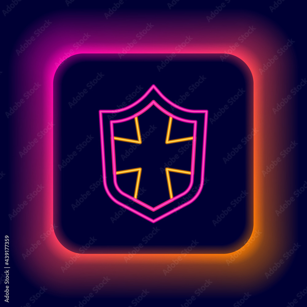 Glowing neon line Shield icon isolated on black background. Guard sign. Security, safety, protection, privacy concept. Colorful outline concept. Vector Glowing neon line Shield icon isolated on black background. Guard sign. Security, safety, protection, privacy concept. Colorful outline concept. Vector