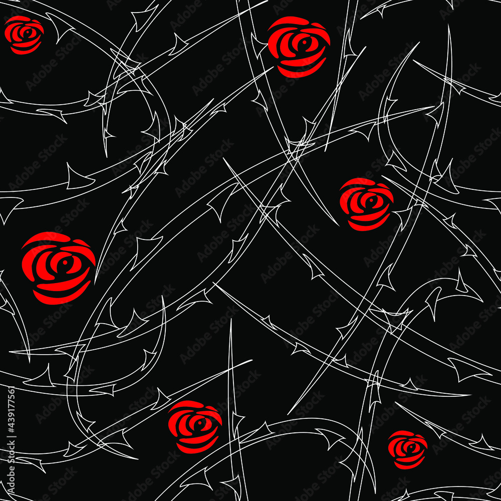 seamless pattern with the image of flowers and rose thorns on a dark ...