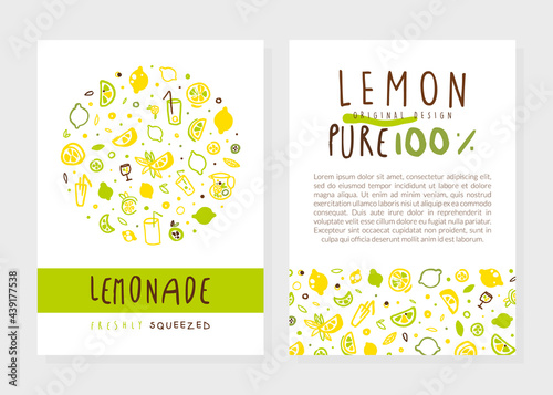 Lemonade Card Template with Space for Text, Pure Lemon Original Design Banner, Poster, Packaging Vector Illustration