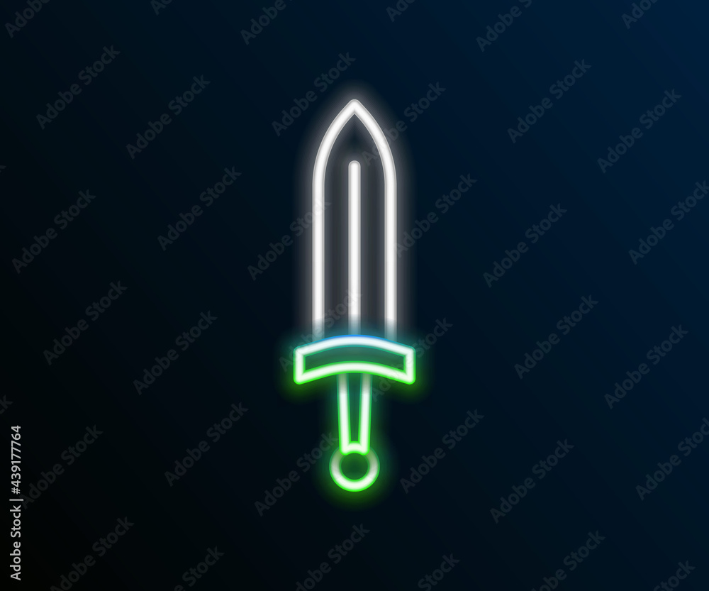 Glowing neon line Medieval sword icon isolated on black background. Medieval weapon. Colorful outline concept. Vector Glowing neon line Medieval sword icon isolated on black background. Medieval weapon. Colorful outline concept. Vector