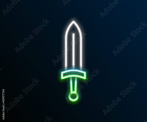 Glowing neon line Medieval sword icon isolated on black background. Medieval weapon. Colorful outline concept. Vector