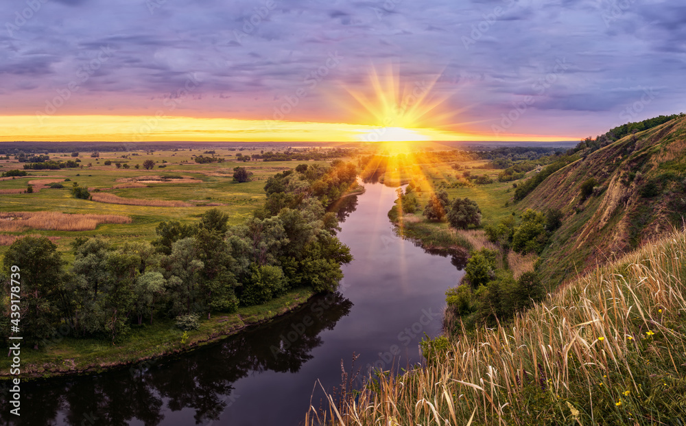 beautiful summer landscape sunrise over river with green meadow