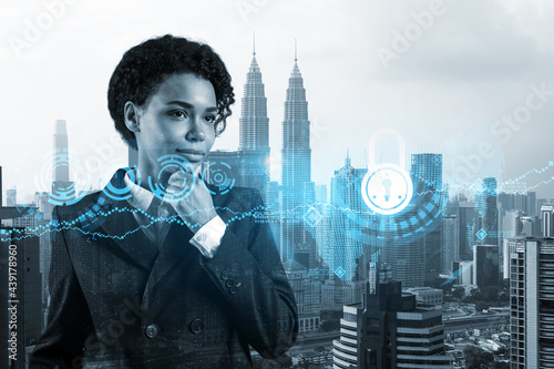 Photography Attractive black businesswoman is thinking about new concepts at cybersecurity compliance division to protect clients confidential information