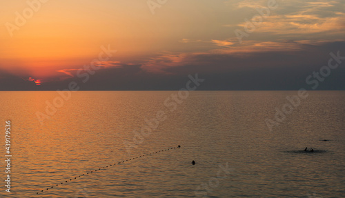 Silhouettes of people swimming in the sea at sunset. Russia, Sea of Azov, Krasnodar Territory, Yeysk.