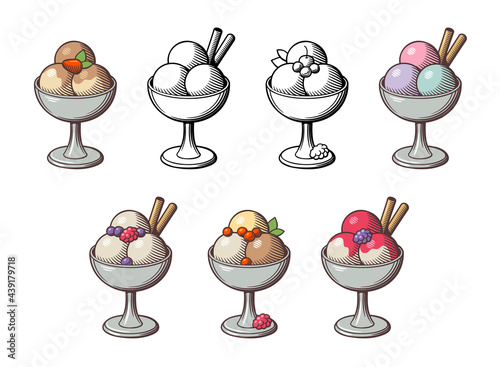 Ice-cream scoops in dessert bowl. Different sorts of ice cream decorated with berries. Retro style colored illustration. Big vector set